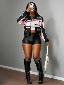 Slaydiva Áo khoác bóng chày in chữ màu tương phản dài tay hở phía trước cho nữ - Nhiều màu - Xem 7