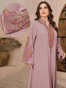 Al Najma Plus Size Embroidered Split Collar Arabic Style Dress For Women, Modest Kaftan - Dusty Pink - View 1