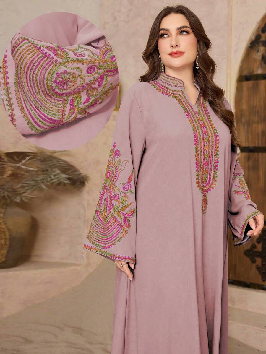 Al Najma Plus Size Embroidered Split Collar Arabic Style Dress For Women, Modest Kaftan - Dusty Pink - View 1