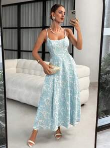 Lavishia Váy midi trễ vai jacquard thanh lịch cho nữ, mùa hè - Màu xanh lam - Xem 5