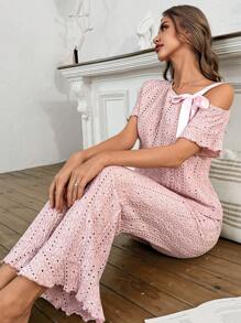 SHEIN 女士休闲不对称肩带蝴蝶结纹理印花短袖家居服套装