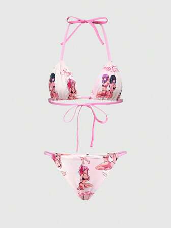 Anime 2-Piece Anime Girl Design Wireless Bow-Tie Swimsuit Lingerie Set