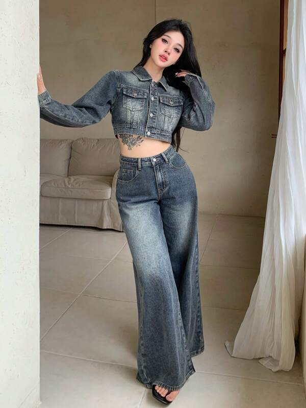 DAZY 2 Stücke Damen Retro Gewaschenejacke aus Jeans & Weite Hosen Set, Lässig Locker Streetwear Outfit, Herbst/Frühling