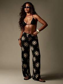 MISSGUIDED 天体印花阔腿度假裤家居服高腰海滩罩衫波西米亚节日宽松夏季度假裤