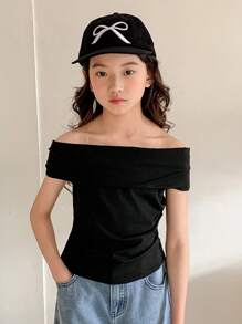 Dazy Kids 青少年女孩露肩修身短袖 T 恤，夏季，返校服装 - 黑色 - 查看 4