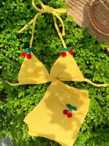 Comfortcana 女士度假樱桃装饰露背上衣和短裤套装 - 黃色 - 查看 5