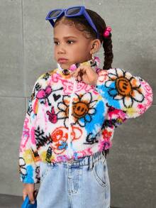 SHEIN Girl's Knitted Fluffy Letter & Graffiti Pattern Loose Hoodie Jacket,In Fall/Winter - Multicolor - View 5