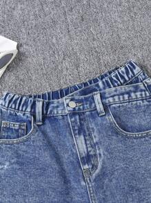 Pantaloni scurți din denim spălat, lejeri, cu design asimetric al taliei, casual, asortați, stil versatil la modă stradală, inspirați de streetwear-ul american, potriviți pentru purtare zilnică, nou-veniți - Spălare medie - Vizualizare 7