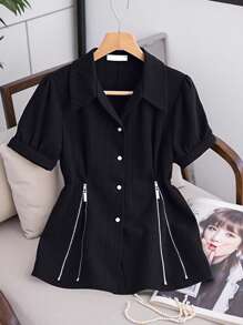 INAWLY Women's Standard Size Summer Short Sleeve Zip-Up Shirt - Black - View 1