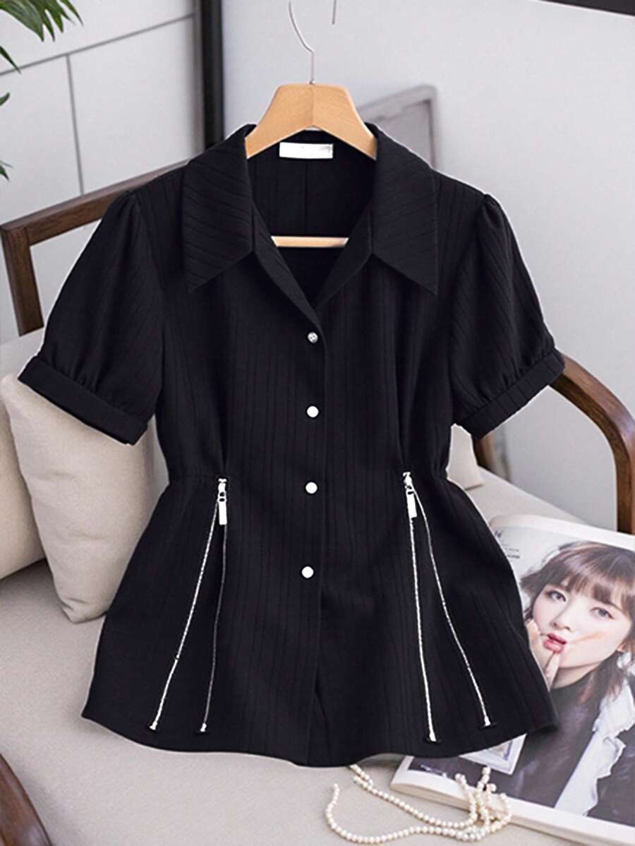 INAWLY Women's Standard Size Summer Short Sleeve Zip-Up Shirt - Black - View 1