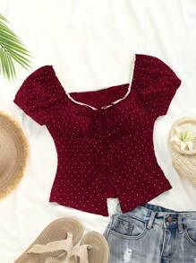 Sweetra Women's Polka Dot Patchwork With Puff Sleeve Lace Trim Tie Front Blouse, Suitable For Spring, Summer, Autumn