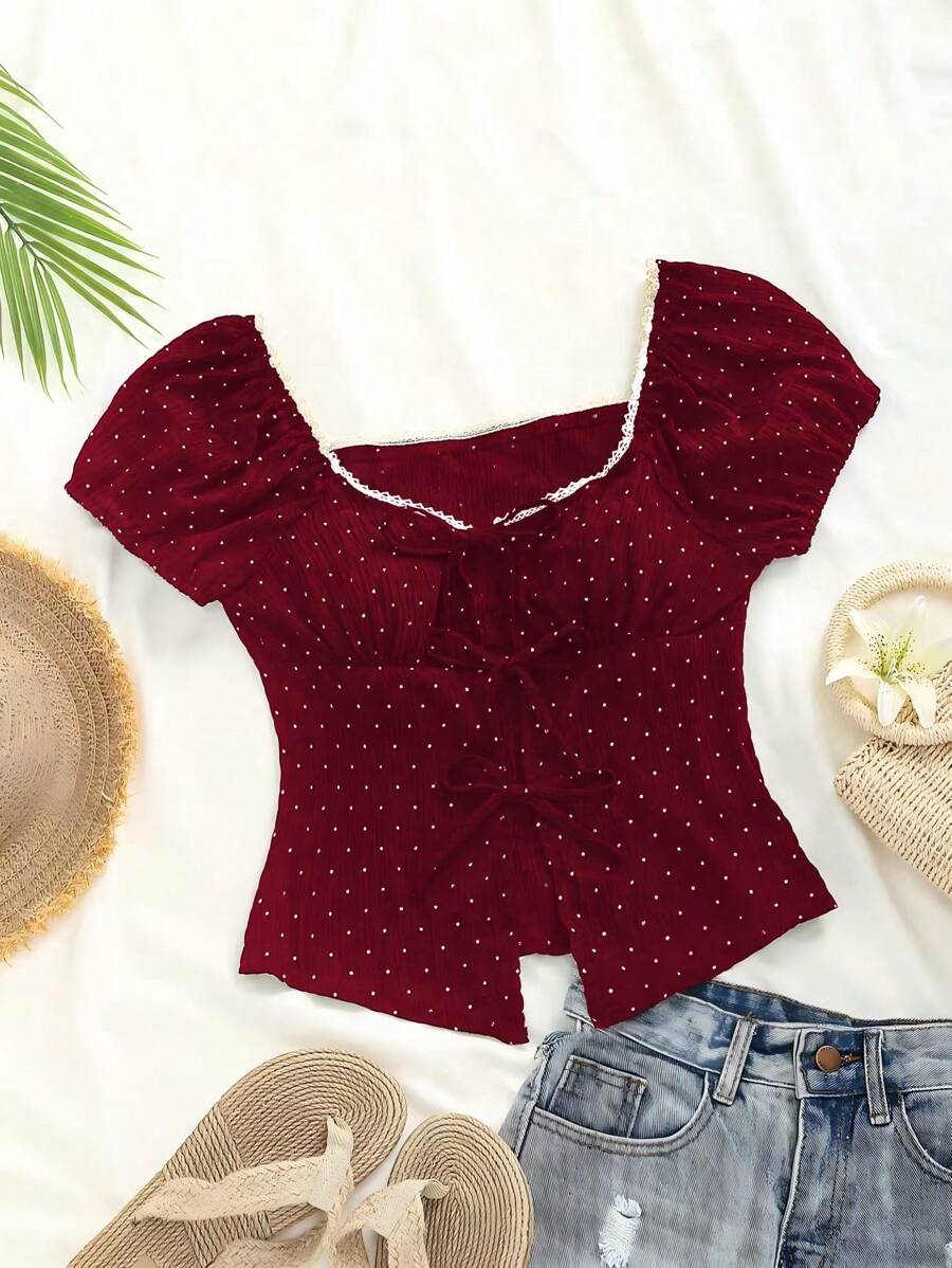 Sweetra Women's Polka Dot Patchwork With Puff Sleeve Lace Trim Tie Front Blouse, Suitable For Spring, Summer, Autumn