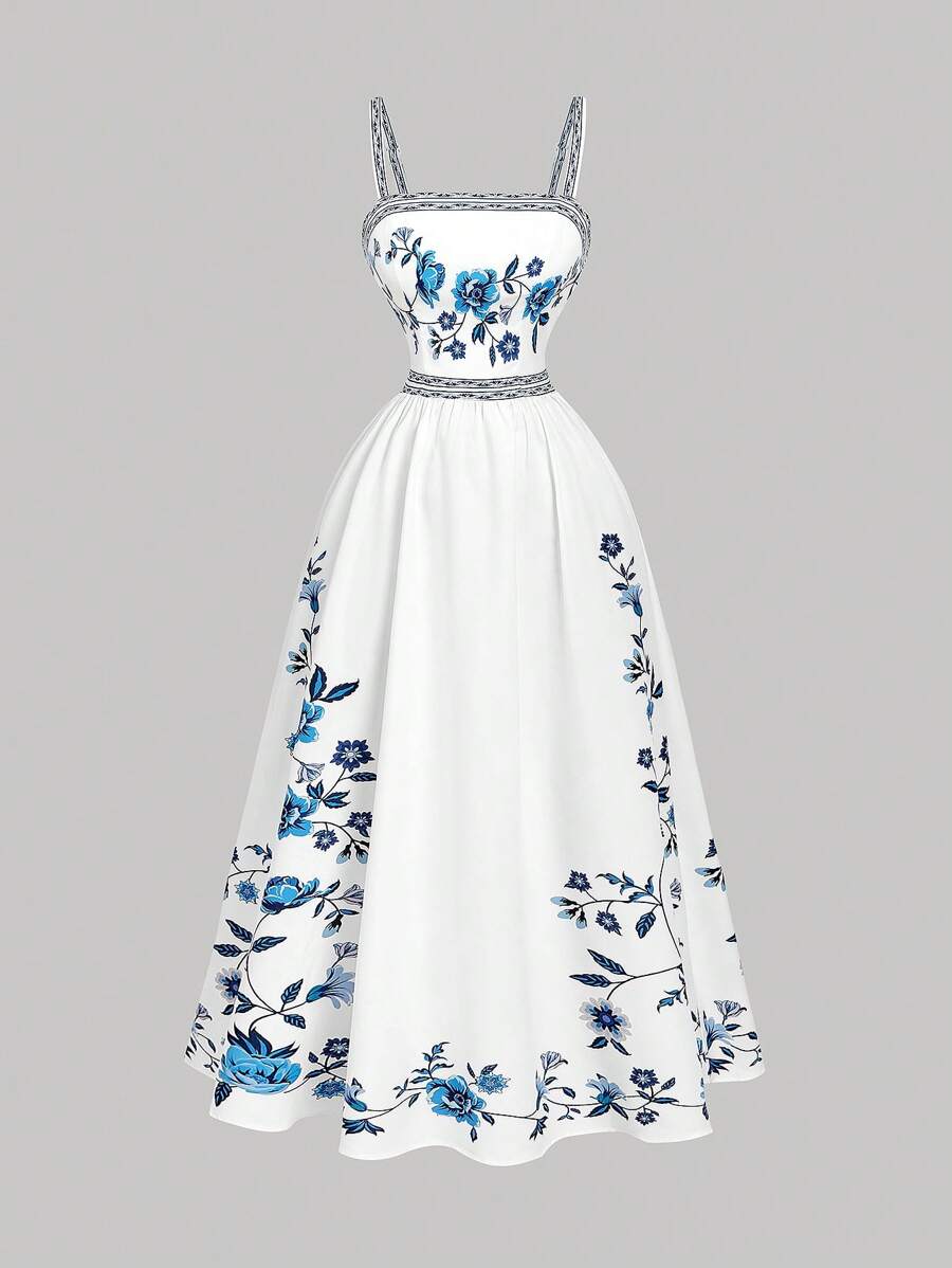 SHEIN MOD 女士优雅花卉印花无袖长裙，夏季 - 藍色 - 查看 1