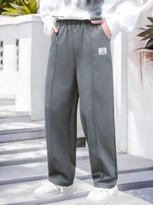 SHEIN Loose Woven Label Straight-Leg Pants For Teens, Suitable For Streetwear & Sports, Spring And Summer Fall Winter - Grey - View 6