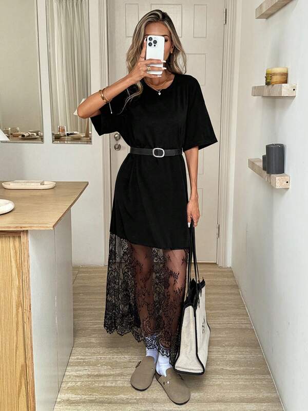 Easowa Solid Color Crew Neck Short Sleeve Loose Casual Lace Dress, Suitable For Outings And Commuting Airport Outfit Women Old Money Dress Going Out Dress Teacher Outfits Dresses For Women Elegant