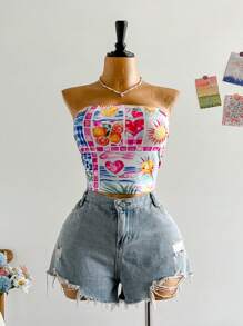 Soleia Plus Size Sun & Heart Print Summer Vacation Tube Top