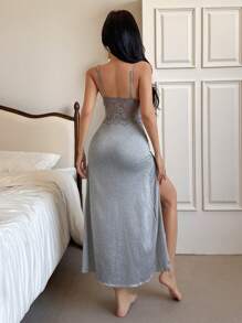 女士性感蕾丝拼布开衩睡袍 - 灰色 - 查看 2