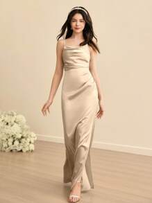 SHEIN High-End Satin Dress With Draped Collar, Spaghetti Straps, Front Slit, Suitable For Weddings, Galas, Birthdays, Christmas, Thanksgiving, Halloween Parties Fall Winter - Apricot - View 1