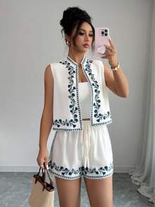 Elenzga Nuovo set estivo elegante composto da cardigan smanicato a fantasia a righe e fiori e pantaloncini in vita elastica, 2 pezzi casual comodi e di per resort
