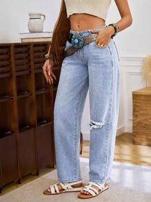 LanaWest Women's Pockets Distressed Washed Tapered Jeans - Light Wash - View 5