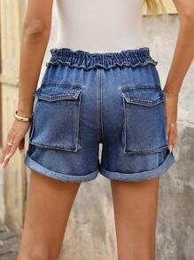 EMERY ROSE Women's Casual Elastic Waist Rolled Hem Washed Denim Shorts, Summer