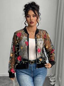 Elenzga Plus Size Women Embroidered Flower Baseball Jacket, Long Sleeve Fall Winter Cloth For Women Autumn - Black - View 1
