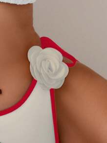 Swim Chiccia 女士泳衣套装，撞色吊带上衣和三角下装，夏季时尚 - 紅色 - 查看 3