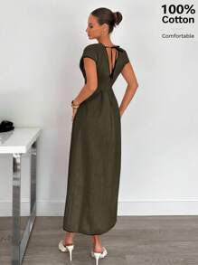 Siren Gaze Đầm dài vải lanh màu bó eo thoải mái bằng cotton cho nữ, mùa hè - xanh quân đội - Xem 2