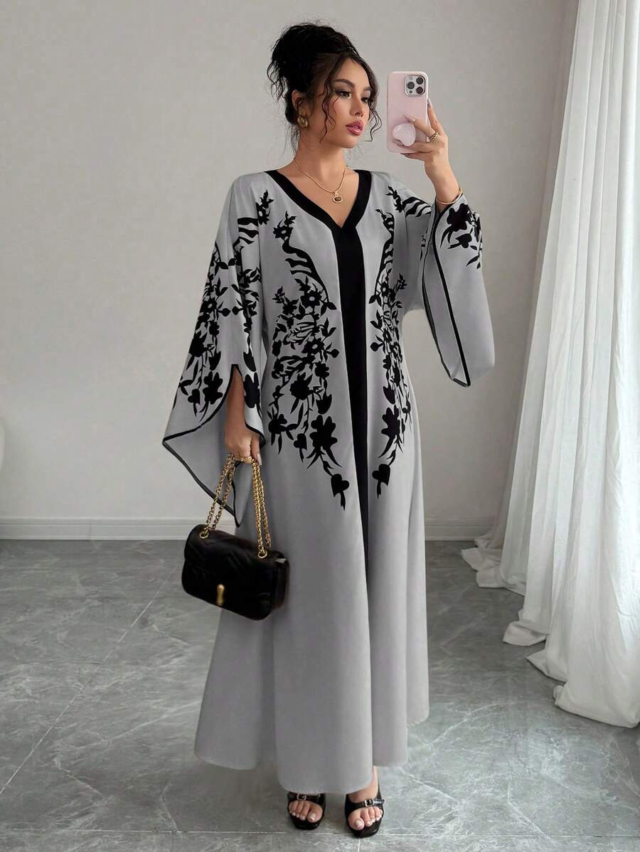 Chiquease 女士印花撞色滚边V领优雅连衣裙休闲装春季学院风服装