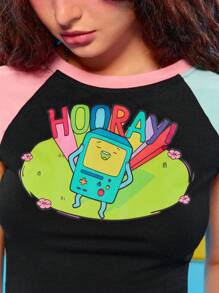 Adventure Time X ROMWE Camiseta corta de manga corta de verano para mujer, estilo casual con gráfico de letra de dibujos animados y bloques de color, top de vuelta al colegio - Negro - Ver 7