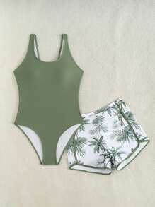 SHEIN Áo tankini Racerback trơn màu cho bé gái tuổi teen có quần bơi in họa tiết cây nhiệt đới - xanh quân đội - Xem 4
