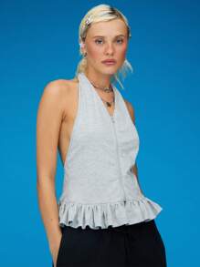 COUREZ Zip Front Halter Neck Top With Frill Hem / Y2K Cute Summer Tops Vintage - Light Grey - View 4