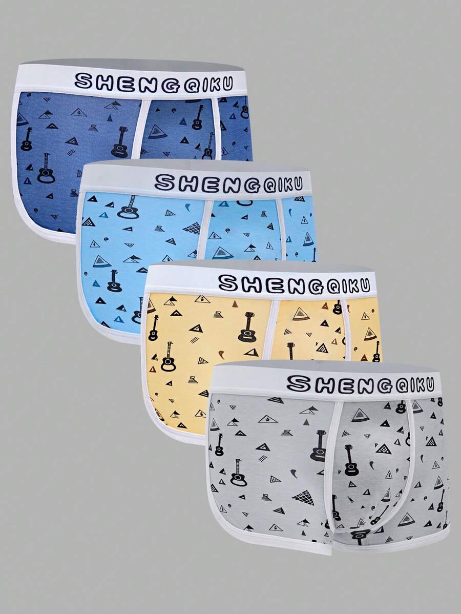 4pcs Pack Teen Boy Letter & Guitar Print Boxer Briefs - Multicolor - View 1