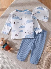 3pcs Newborn Baby Blue Series Cute Cartoon Cloud Animal Print Long Sleeve Pants And Hat Homeware Set Fall Winter