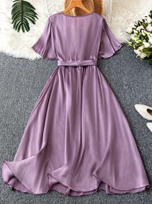 Rometta Plus Size V-Neck Elegant Tie Front Short Sleeve Dress