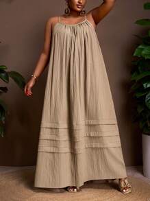 Veslaya Vestido holgado de color albaricoque con tirantes sin mangas, con bolsillos, dobladillo con volantes en capas, tela con textura tejida, vestido de talla grande - F, nueva colección Primavera/Verano 2025