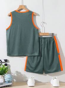 SHEIN Conjunto de 2 piezas con chaleco deportivo holgado y pantalones cortos con contraste para niño preadolescente