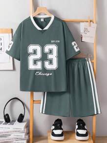 SHEIN Conjunto de 2 piezas de camiseta de manga corta oversize y shorts deportivos para niños preadolescentes
