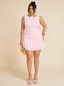 SHEIN BAE 加大码 Curve 女式无袖纯色白色紧身褶皱迷你双层褶皱连衣裙，适合夏季、秋季/冬季，鼠尾草绿色连衣裙