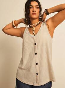 Freevana Plus Waffle Knit Button Front Tank Top - Apricot - View 6