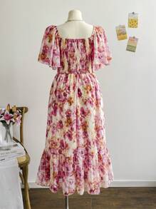 Soleia Váy Maxi tay bèo nhún họa tiết hoa cổ vuông bằng vải chiffon cỡ lớn cho nữ, mùa xuân/ngày lễ tình nhân - Nhiều màu - Xem 2