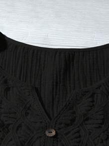 Linhara Áo sơ mi cổ ve lật màu trơn cỡ lớn thường ngày - màu đen - Xem 4