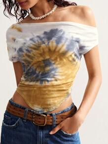 Bohemela Boho Indie Tie-Dye Oblique Collar Fitted Asymmetric Hem Women Casual Tee