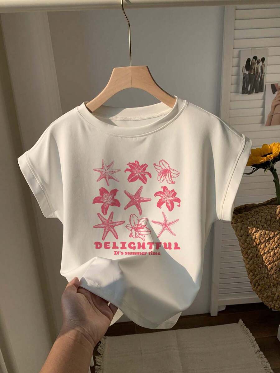 SHEIN EZwear T-shirt ample à col rond manches courtes court décontracté minimaliste pour femmes