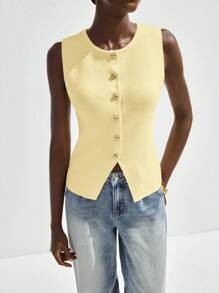 Maija Women's Casual Solid Color Front Button Sleeveless Knit Top, Suitable For Business, Leisure, Urban Commuting, Office Wear, And Teacher Business Casual Woman Office For Women Work Women Work Office Wear Women Office Attire For Women Going Out Tops Women Going Out Tops Going Out Going Out Tops For Going Out Going Out Tops Women,Butter Yellow Top,Autumn Outfits For Women, Christmas Women's Clothing Casual Blouses For Ladies