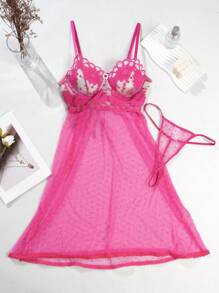 Spicy Aura Floral Hot Pink Mesh Lingerie Dress With Spaghetti Straps And Sheer Swiss Dot Design - Hot Pink - View 5