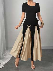 Modelyn Elegant & Romantic Bowknot Design Contrast Panel Long Sleeve Dress For Women, Spring/Summer