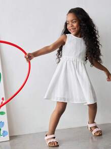 Maija Kids Maija Kids Chic Toddler Girl White Sleeveless Midi Dress Featuring Adorable Double Bow Accents On The Back. This Comfortable Round Neck Flared Polyester Dress Is Ideal For Summer Playtime And Everyday Adventures. - White - View 6