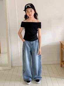 Dazy Kids 青少年女孩露肩修身短袖 T 恤，夏季，返校服装 - 黑色 - 查看 3