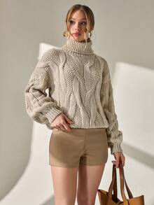 CLARA VERO Women Solid Color Cable Knit Pattern Turtleneck Drop Shoulder Chunky Pullover Turtleneck Sweater Women Cable Knit Sweater Knitted Jumper Winter Sweaters For Women Womens Knitwear Turtle Neck Women Knitted Jumper For Women Womens Winter Sweaters Chunky Knit Sweater,Jumpers,Women's Jumpers